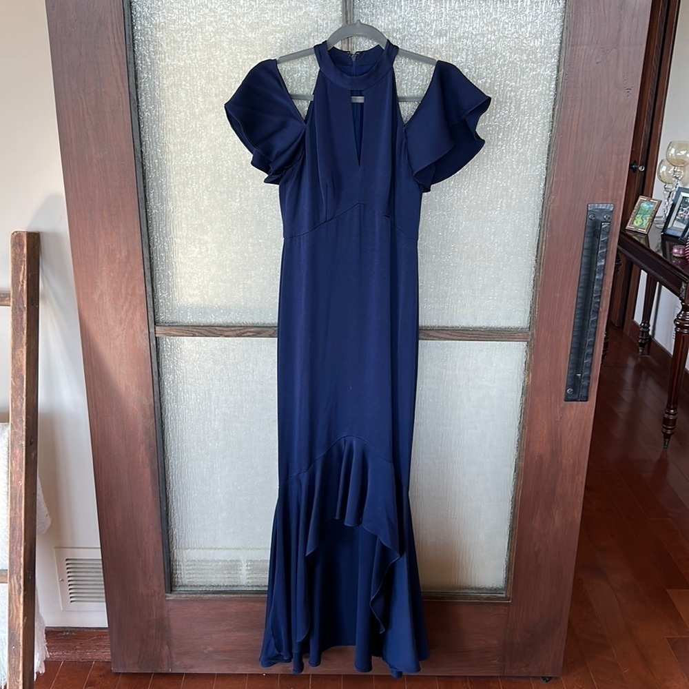 Shoshanna Navy Blue hi neck off the shoulder hi low dress in size 2. EUC